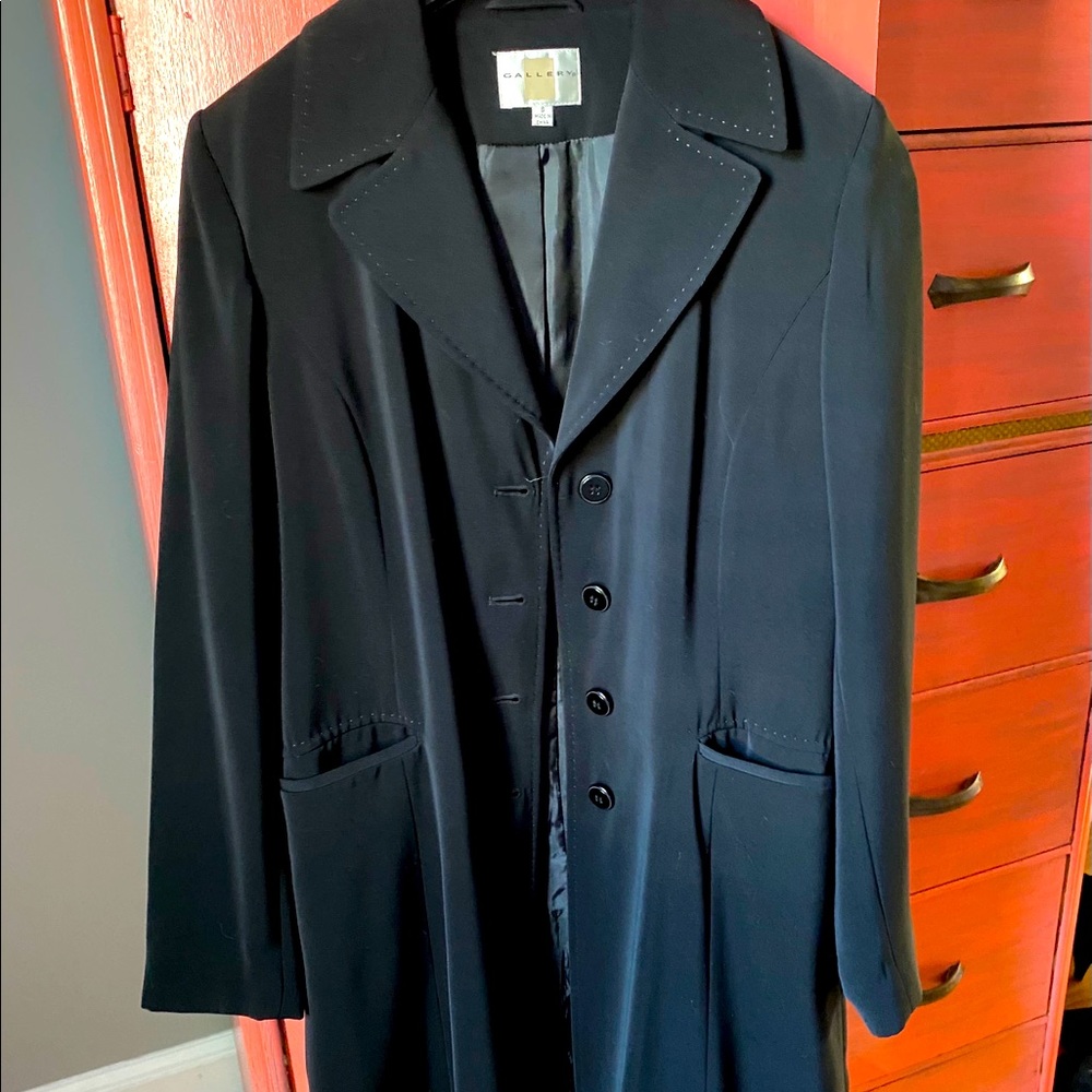 Black long silk like light weight coat.